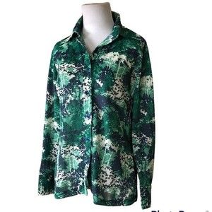 Vintage Blouse 70’s Jantzen Navy and Green Button Down Forest Tree Print Medium